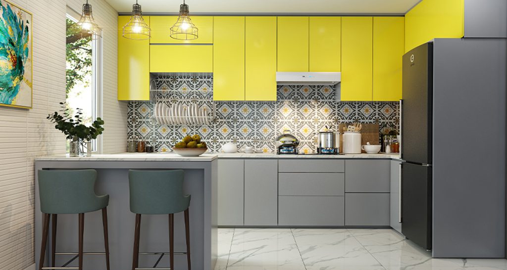 Yellow and White Grey Colour Combination - kitchen design ideas